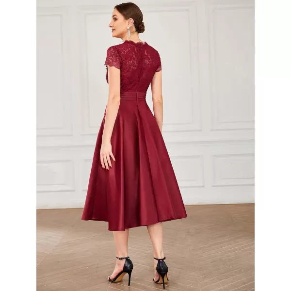 EverPretty Womens Aline Lace SeeThrough VNeck Pleated Wedding Party Cocktail Dress 40400Burgundy