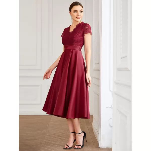 EverPretty Womens Aline Lace SeeThrough VNeck Pleated Wedding Party Cocktail Dress 40400Burgundy