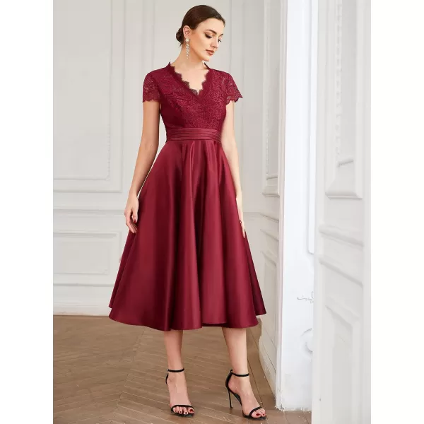 EverPretty Womens Aline Lace SeeThrough VNeck Pleated Wedding Party Cocktail Dress 40400Burgundy