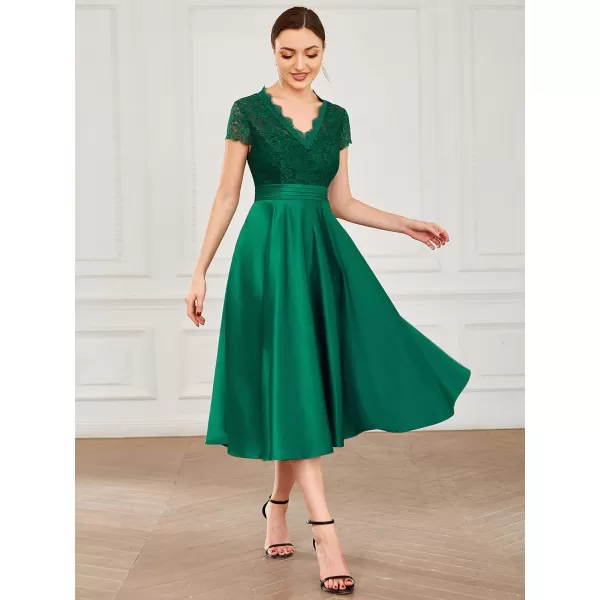 EverPretty Womens Aline Lace SeeThrough VNeck Pleated Wedding Party Cocktail Dress 40400Dark Green