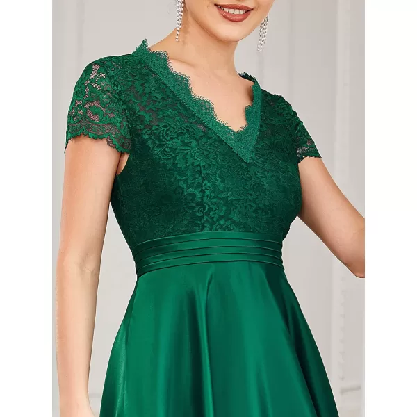 EverPretty Womens Aline Lace SeeThrough VNeck Pleated Wedding Party Cocktail Dress 40400Dark Green