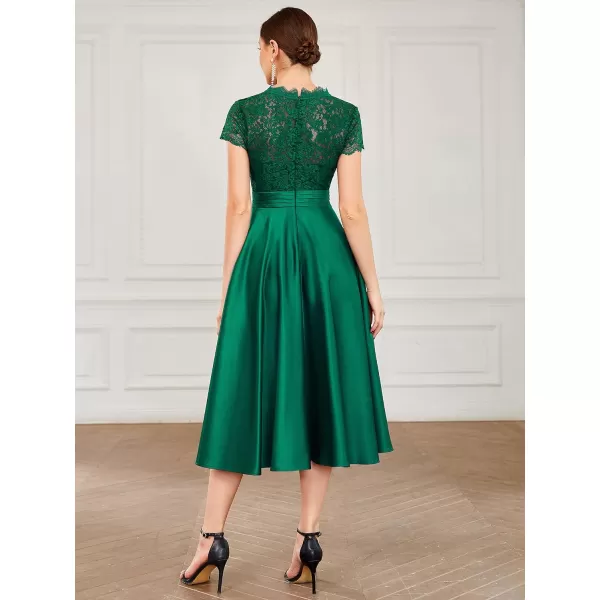 EverPretty Womens Aline Lace SeeThrough VNeck Pleated Wedding Party Cocktail Dress 40400Dark Green