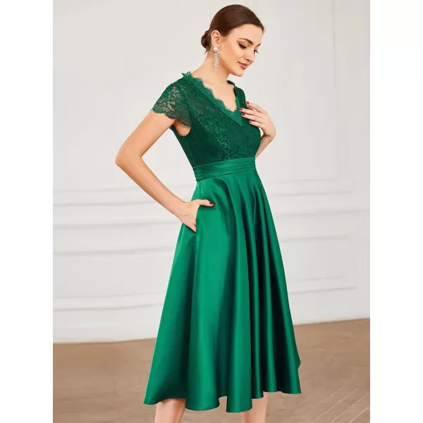 EverPretty Womens Aline Lace SeeThrough VNeck Pleated Wedding Party Cocktail Dress 40400Dark Green