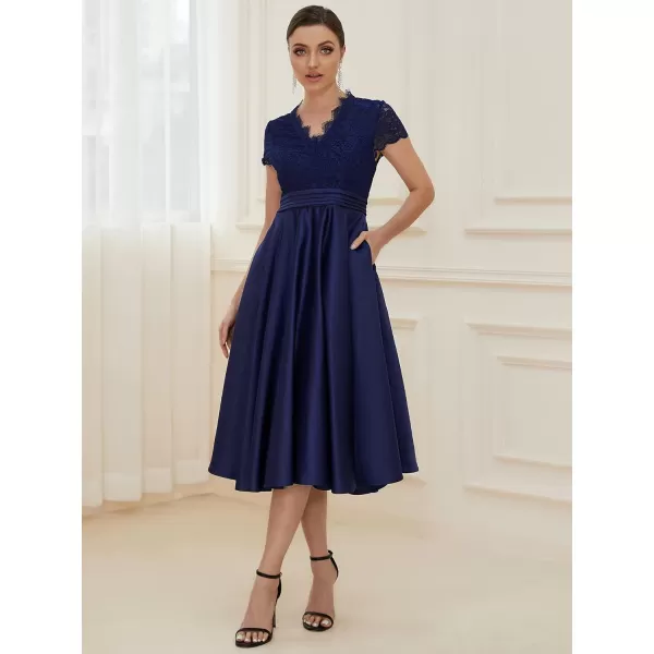 EverPretty Womens Aline Lace SeeThrough VNeck Pleated Wedding Party Cocktail Dress 40400Navy Blue