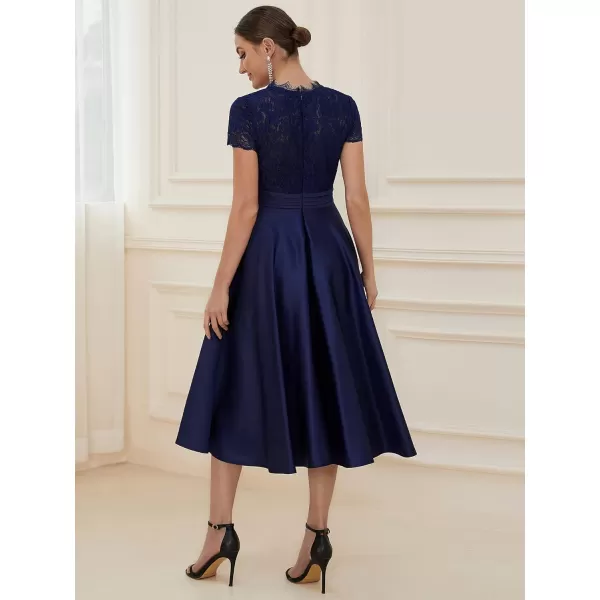 EverPretty Womens Aline Lace SeeThrough VNeck Pleated Wedding Party Cocktail Dress 40400Navy Blue