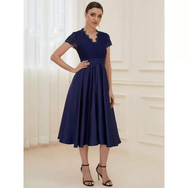 EverPretty Womens Aline Lace SeeThrough VNeck Pleated Wedding Party Cocktail Dress 40400Navy Blue