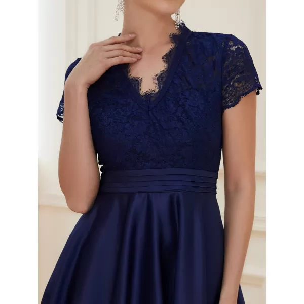 EverPretty Womens Aline Lace SeeThrough VNeck Pleated Wedding Party Cocktail Dress 40400Navy Blue