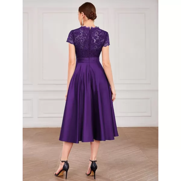 EverPretty Womens Aline Lace SeeThrough VNeck Pleated Wedding Party Cocktail Dress 40400Purple