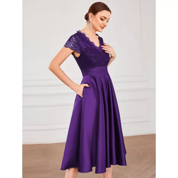 EverPretty Womens Aline Lace SeeThrough VNeck Pleated Wedding Party Cocktail Dress 40400Purple