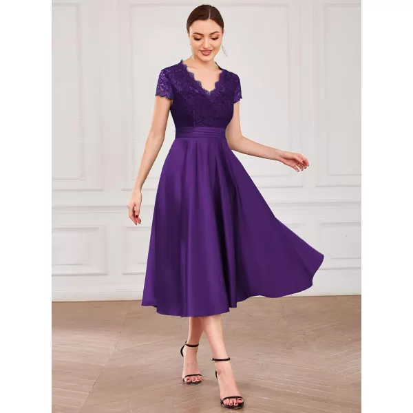 EverPretty Womens Aline Lace SeeThrough VNeck Pleated Wedding Party Cocktail Dress 40400Purple