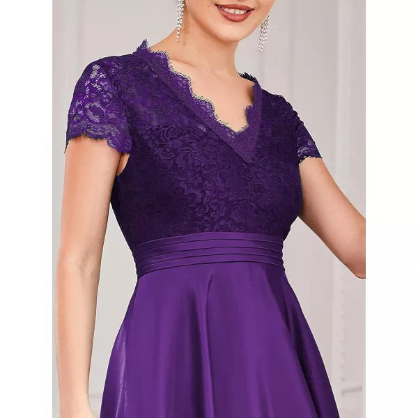 EverPretty Womens Aline Lace SeeThrough VNeck Pleated Wedding Party Cocktail Dress 40400Purple