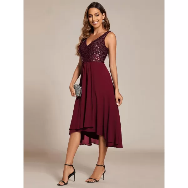 EverPretty Womens Chiffon V Neck Sleeveless Sequin High Low Cocktail Dresses Midi Wedding Guest Dresses 02184Burgundy