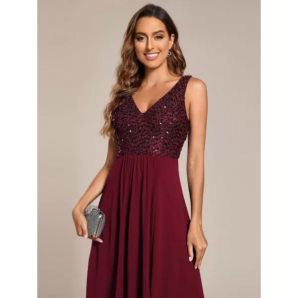 EverPretty Womens Chiffon V Neck Sleeveless Sequin High Low Cocktail Dresses Midi Wedding Guest Dresses 02184Burgundy