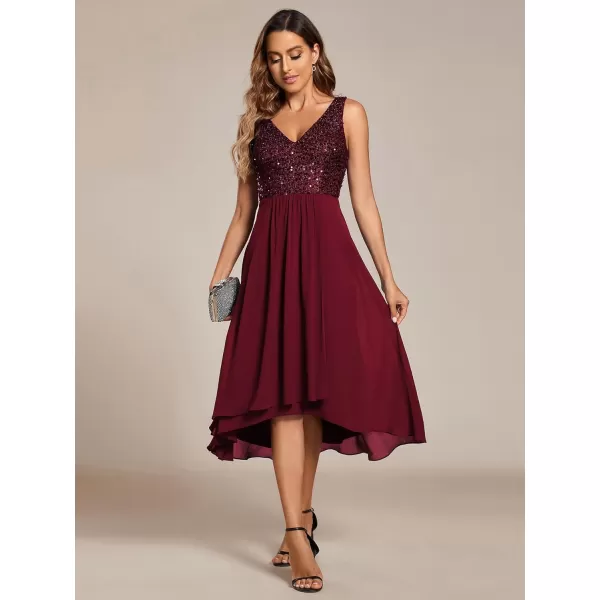 EverPretty Womens Chiffon V Neck Sleeveless Sequin High Low Cocktail Dresses Midi Wedding Guest Dresses 02184Burgundy