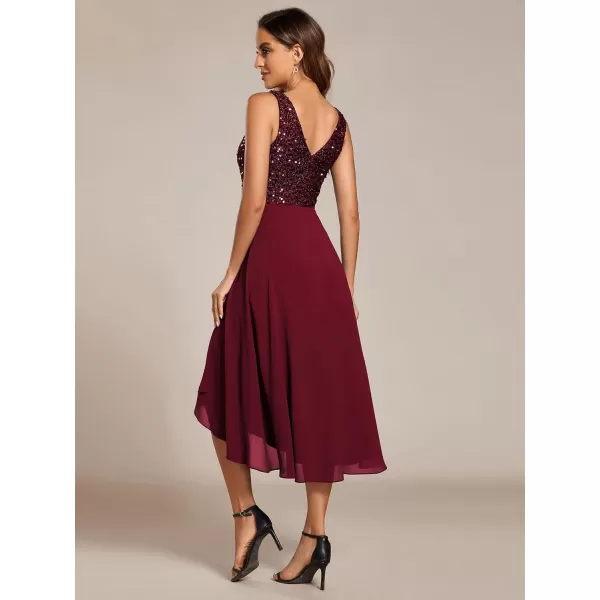 EverPretty Womens Chiffon V Neck Sleeveless Sequin High Low Cocktail Dresses Midi Wedding Guest Dresses 02184Burgundy