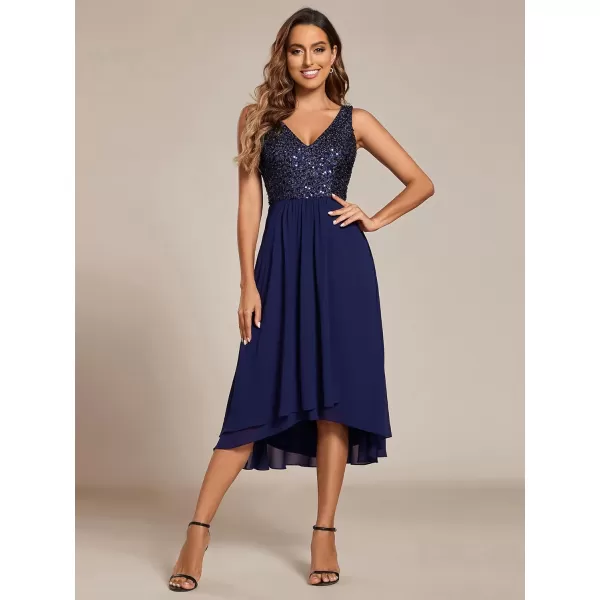 EverPretty Womens Chiffon V Neck Sleeveless Sequin High Low Cocktail Dresses Midi Wedding Guest Dresses 02184Navy Blue