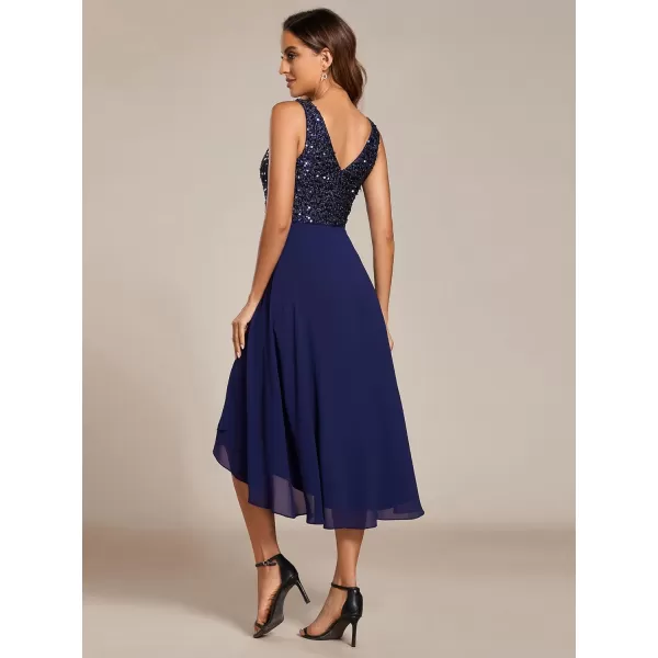 EverPretty Womens Chiffon V Neck Sleeveless Sequin High Low Cocktail Dresses Midi Wedding Guest Dresses 02184Navy Blue