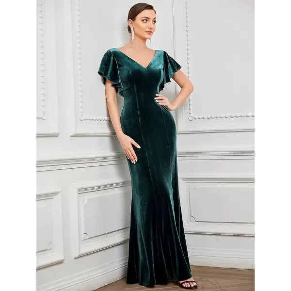 EverPretty Womens Double V Neck Ruffle Sleeves Mermaid Velvet Maxi Evening Dress 0304ADark Green