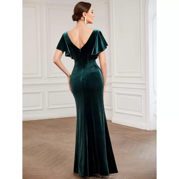 EverPretty Womens Double V Neck Ruffle Sleeves Mermaid Velvet Maxi Evening Dress 0304ADark Green