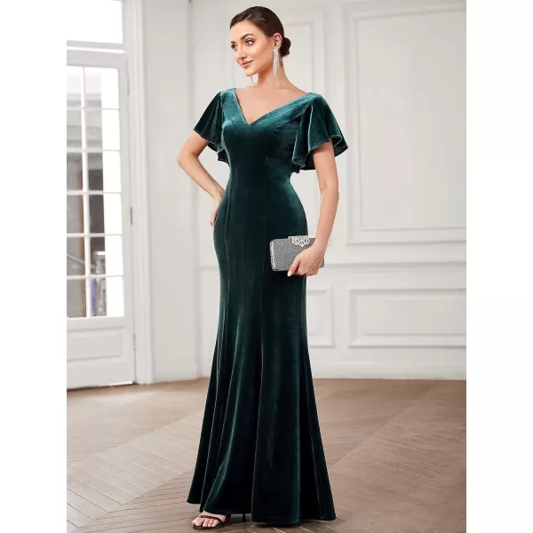 EverPretty Womens Double V Neck Ruffle Sleeves Mermaid Velvet Maxi Evening Dress 0304ADark Green