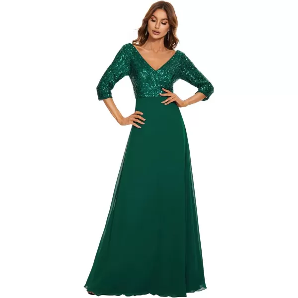 EverPretty Womens Elegant VNeck Long Sleeve Sequin Evening Party Dress 0751Dark Green