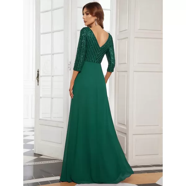 EverPretty Womens Elegant VNeck Long Sleeve Sequin Evening Party Dress 0751Dark Green