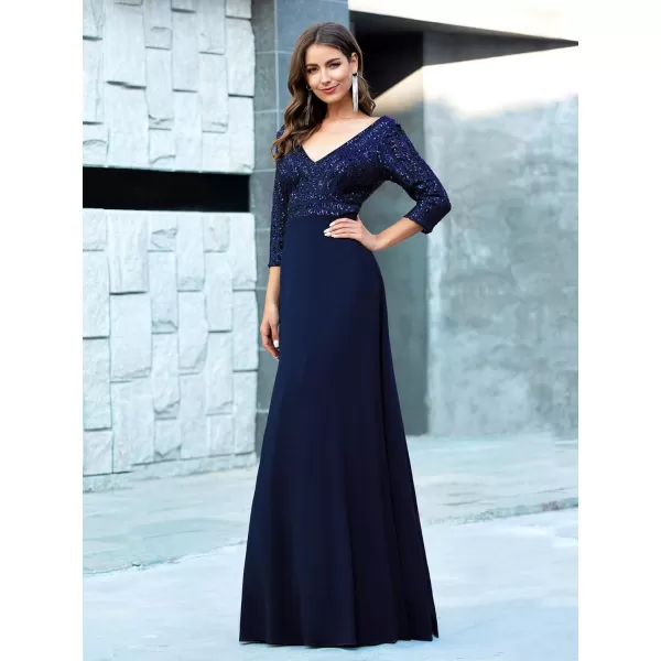 EverPretty Womens Elegant VNeck Long Sleeve Sequin Evening Party Dress 0751Navy Blue