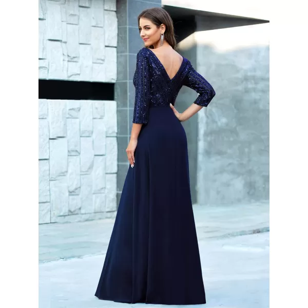 EverPretty Womens Elegant VNeck Long Sleeve Sequin Evening Party Dress 0751Navy Blue