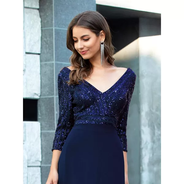 EverPretty Womens Elegant VNeck Long Sleeve Sequin Evening Party Dress 0751Navy Blue