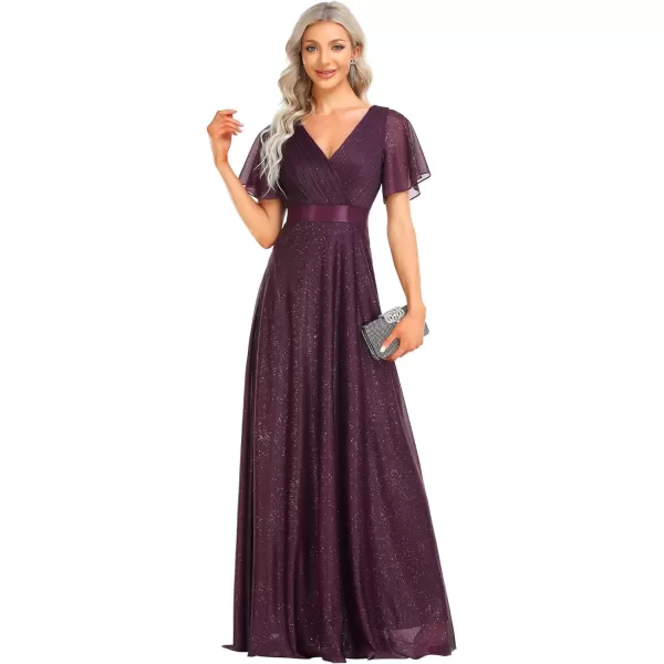 EverPretty Womens Evening Dresses V Neck Short Sleeves Aline Glitter Formal Dresses 50159Dark Purple