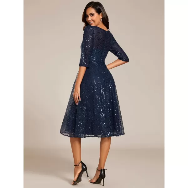 EverPretty Womens Round Neck 34 Sleeves Formal Dresses Sequin A Line Midi Wedding Guest Dress 02241Navy Blue