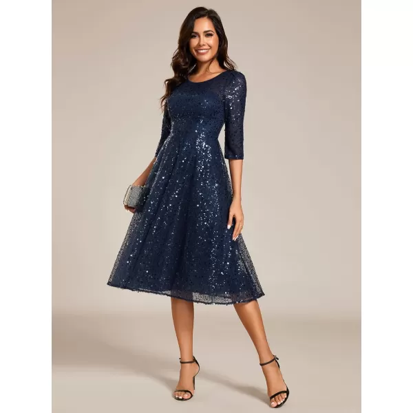 EverPretty Womens Round Neck 34 Sleeves Formal Dresses Sequin A Line Midi Wedding Guest Dress 02241Navy Blue