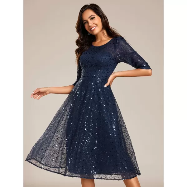 EverPretty Womens Round Neck 34 Sleeves Formal Dresses Sequin A Line Midi Wedding Guest Dress 02241Navy Blue