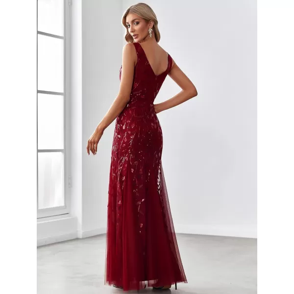 EverPretty Womens Sequin Double VNeck Sleeveless Mermaid Long Evening Dress 07886USABurgundy