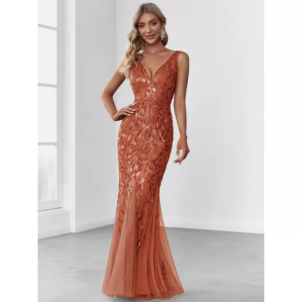 EverPretty Womens Sequin Double VNeck Sleeveless Mermaid Long Evening Dress 07886USABurnt Orange