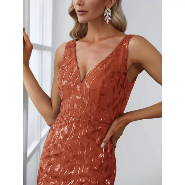 EverPretty Womens Sequin Double VNeck Sleeveless Mermaid Long Evening Dress 07886USABurnt Orange