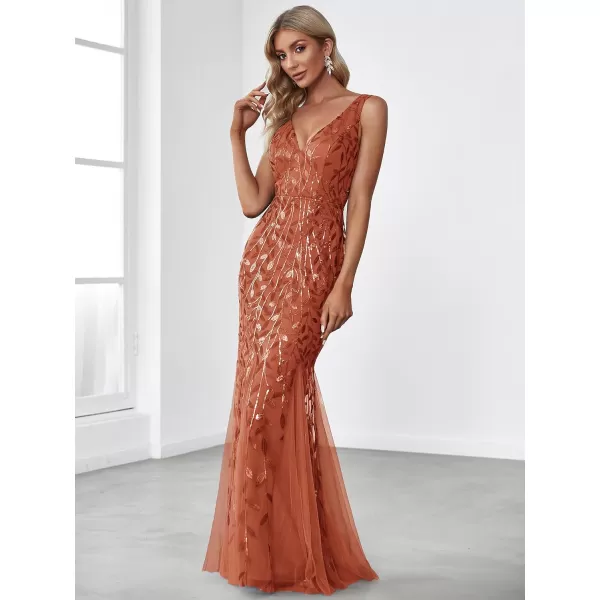 EverPretty Womens Sequin Double VNeck Sleeveless Mermaid Long Evening Dress 07886USABurnt Orange