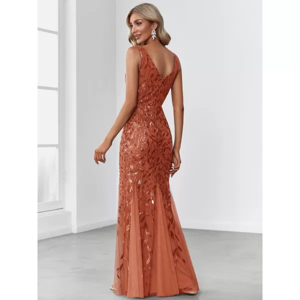 EverPretty Womens Sequin Double VNeck Sleeveless Mermaid Long Evening Dress 07886USABurnt Orange