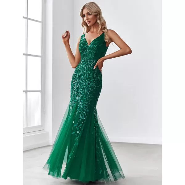 EverPretty Womens Sequin Double VNeck Sleeveless Mermaid Long Evening Dress 07886USADark Green