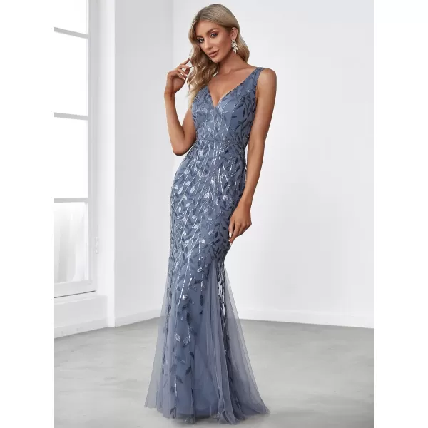 EverPretty Womens Sequin Double VNeck Sleeveless Mermaid Long Evening Dress 07886USAHaze Blue