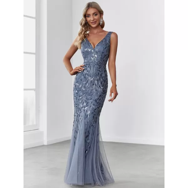 EverPretty Womens Sequin Double VNeck Sleeveless Mermaid Long Evening Dress 07886USAHaze Blue