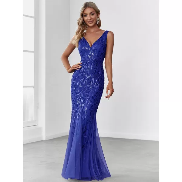 EverPretty Womens Sequin Double VNeck Sleeveless Mermaid Long Evening Dress 07886USASapphire Blue