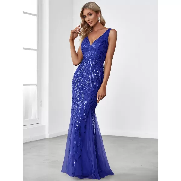 EverPretty Womens Sequin Double VNeck Sleeveless Mermaid Long Evening Dress 07886USASapphire Blue