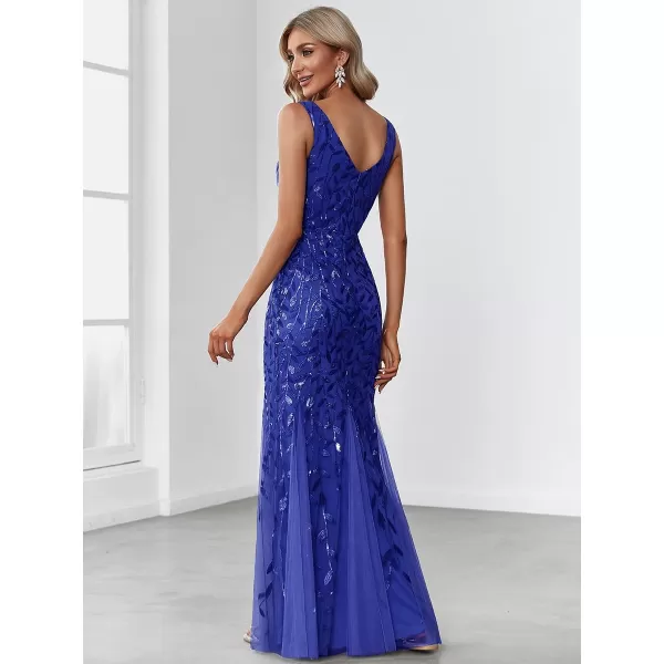 EverPretty Womens Sequin Double VNeck Sleeveless Mermaid Long Evening Dress 07886USASapphire Blue