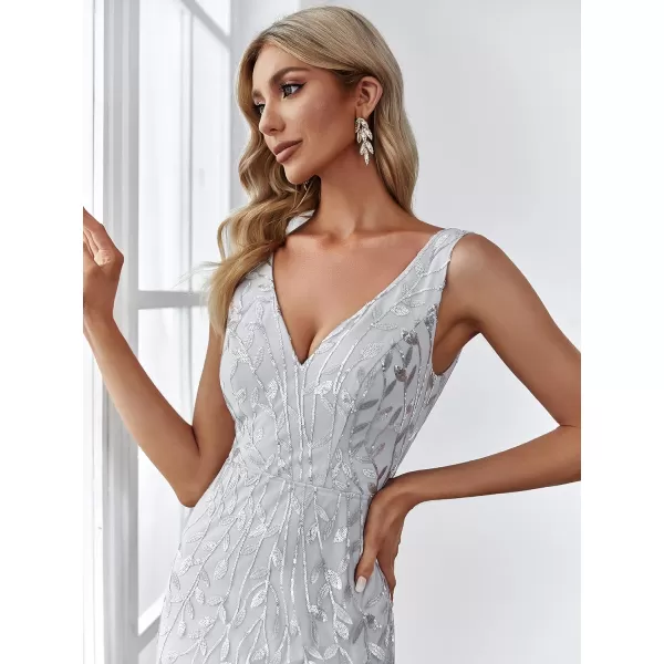 EverPretty Womens Sequin Double VNeck Sleeveless Mermaid Long Evening Dress 07886USASilver