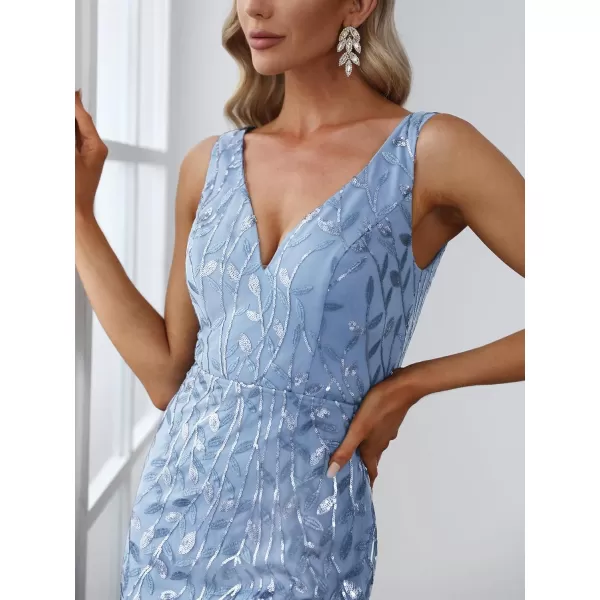 EverPretty Womens Sequin Double VNeck Sleeveless Mermaid Long Evening Dress 07886USASky Blue