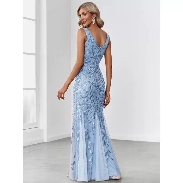 EverPretty Womens Sequin Double VNeck Sleeveless Mermaid Long Evening Dress 07886USASky Blue