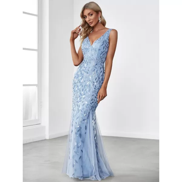 EverPretty Womens Sequin Double VNeck Sleeveless Mermaid Long Evening Dress 07886USASky Blue