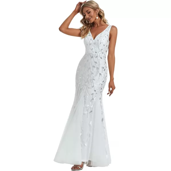 EverPretty Womens Sequin Double VNeck Sleeveless Mermaid Long Evening Dress 07886USAWhite