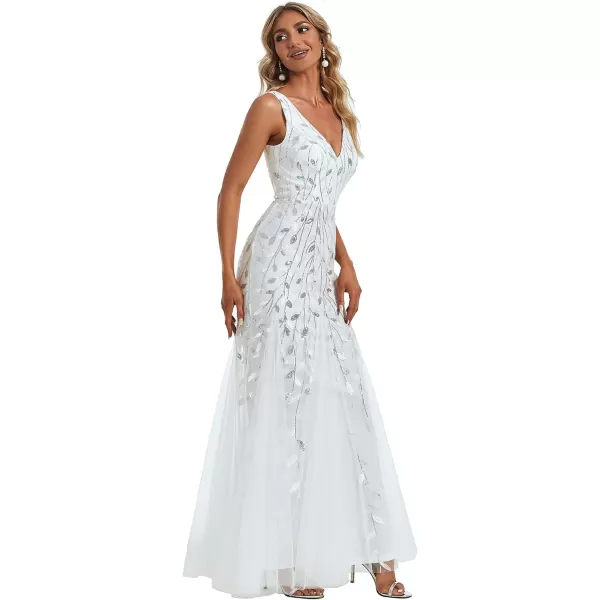 EverPretty Womens Sequin Double VNeck Sleeveless Mermaid Long Evening Dress 07886USAWhite